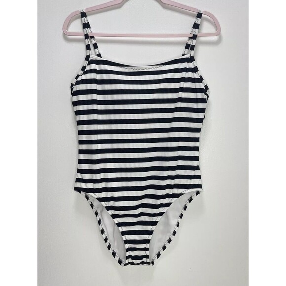 Women's One Piece Swimsuit - Kona Sol, Black & White Stripe, L modest ribbed - Picture 1 of 8